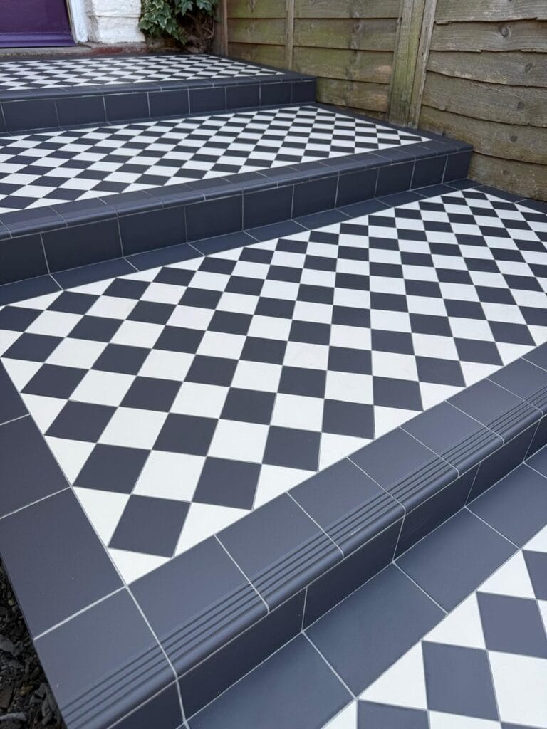 Victorian Tiling London – Kingston: Classic Black and White Path & Steps Installation